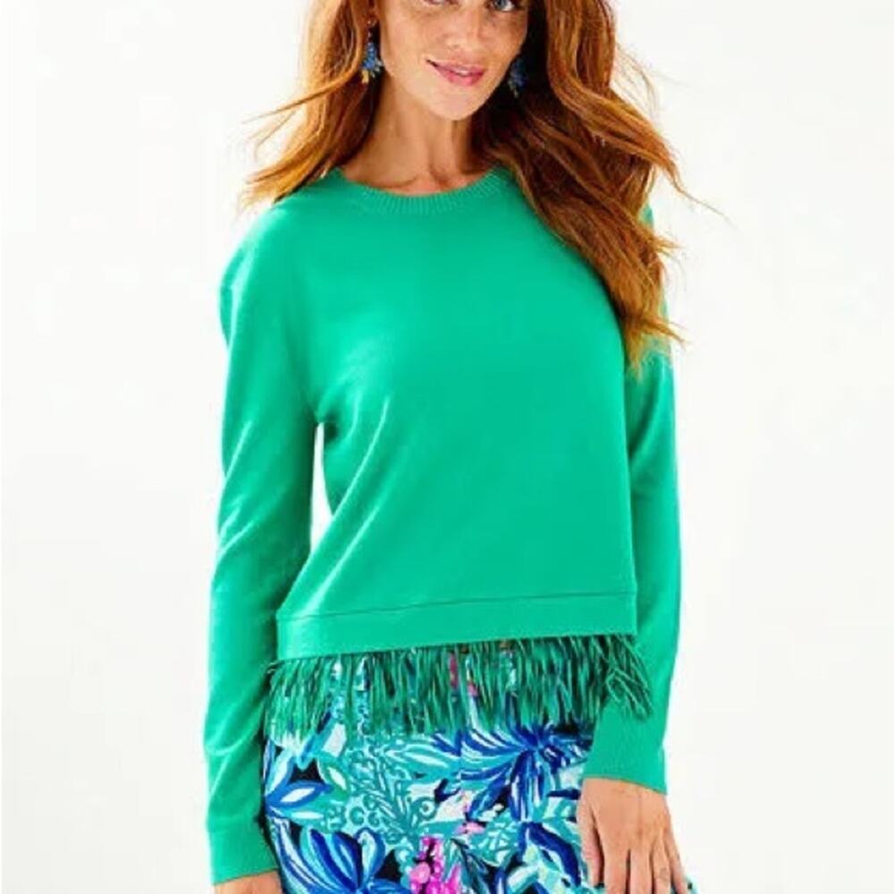 Lilly Pulitzer Marguerite Fringe Sweater Emerald Isle Green Size XXS